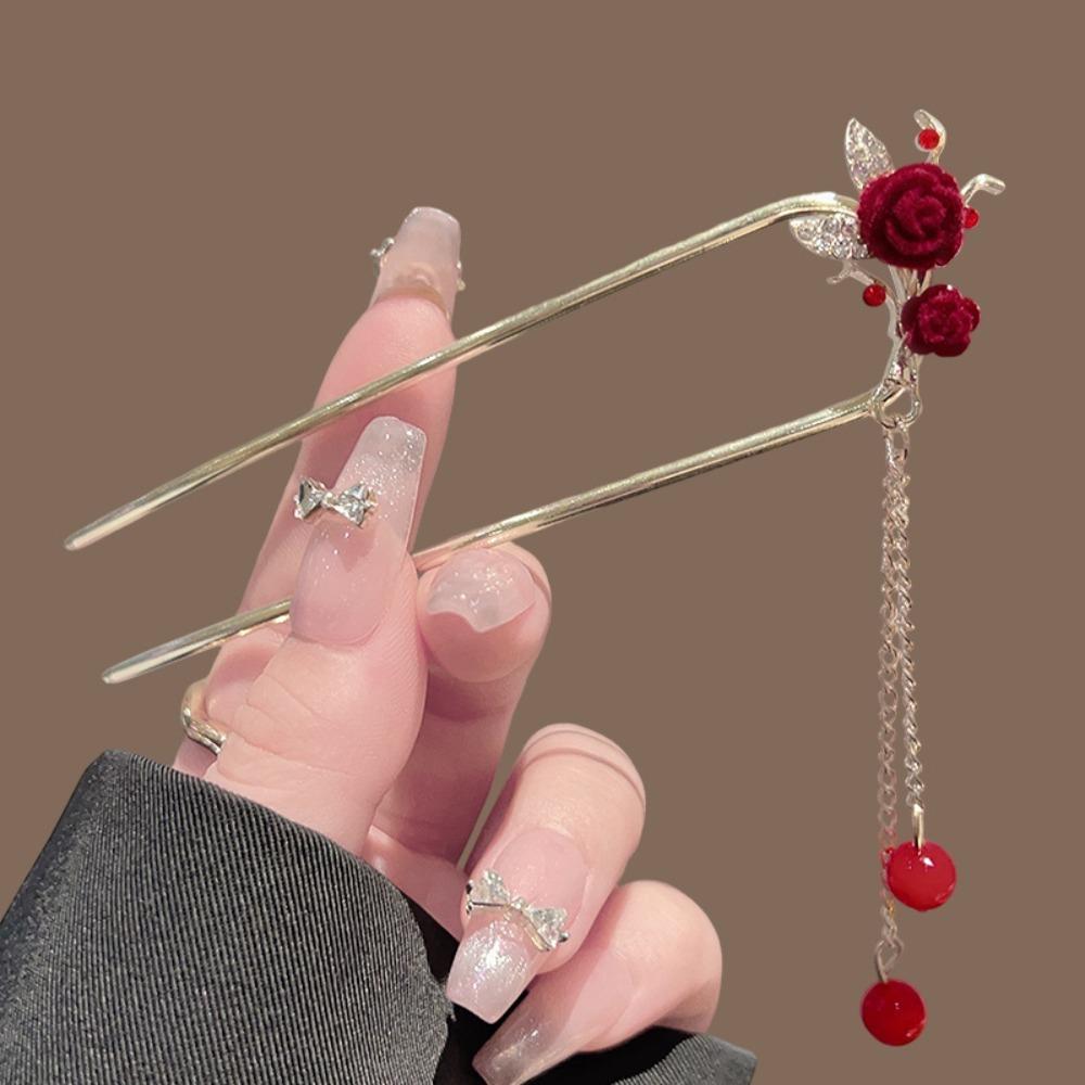 Elegant Red Velvet Rose Hair Stick with Golden Metal Frame Zircon Accent And Red Bead Tassel Retro Hanfu Style Hair Accessory