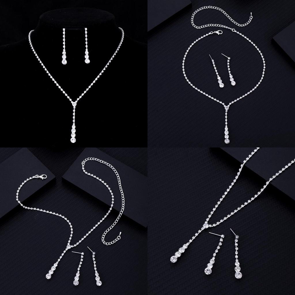Trendy Bridal Jewelry Set With Water Diamond Necklace And Earrings Geometric Design Electroplated Factory Direct
