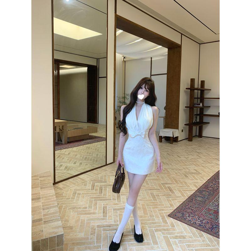 Kumikumi High Sense Bow Halter Top One piece Dress Women clothing Summer Temperament Slimming Sheath Skirt Short dress