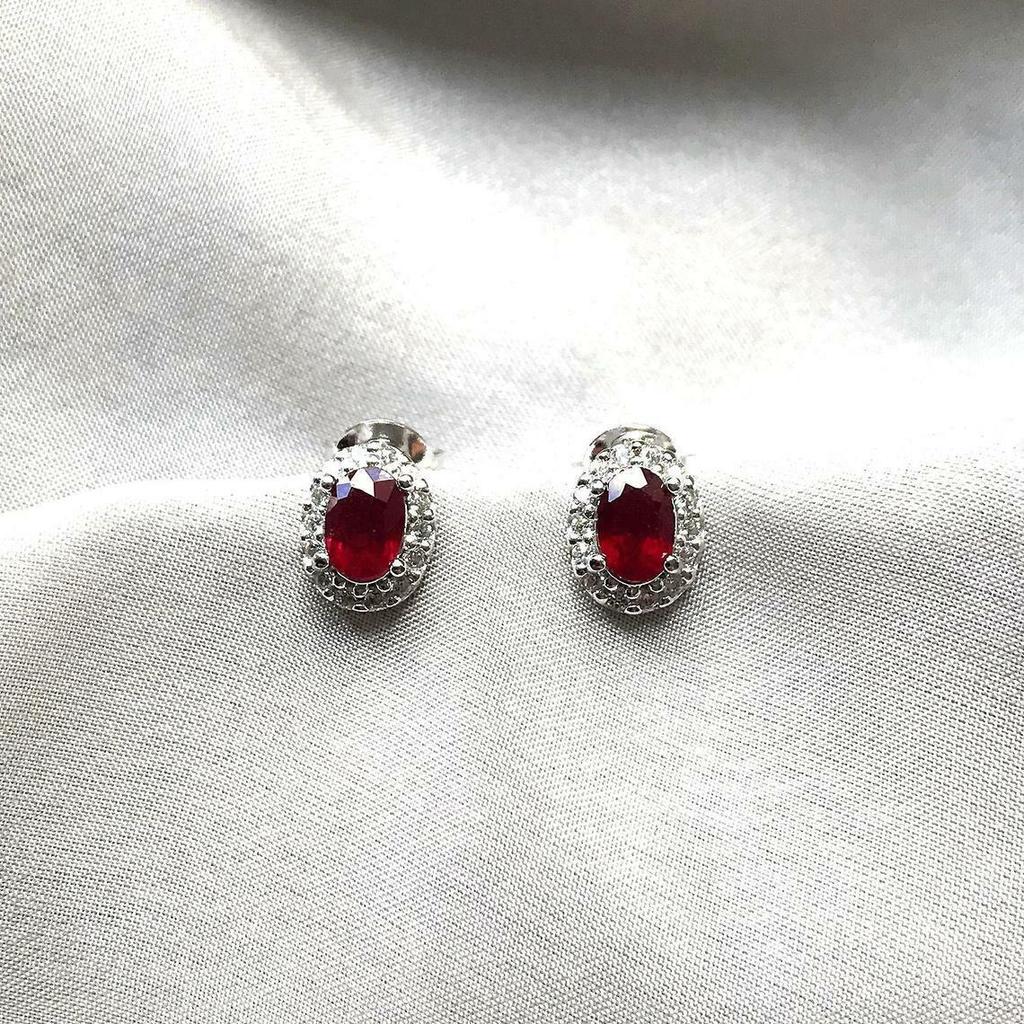 Ekte Ruby Halo Oval Stud øredobber Håndlagde Sterling sølv smykker for elskede