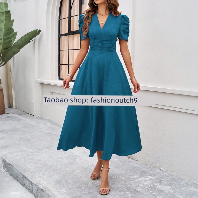 

2025 Solid Color High Waisted Short Sleeved Dress Beautiful blue S