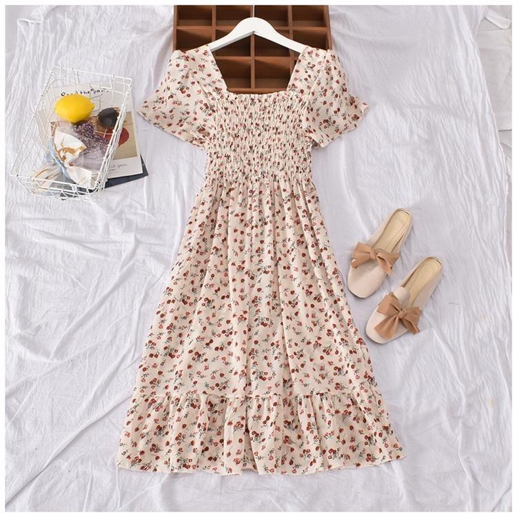 Classy Floral Printed Women Corset Dress Elastic Waist Pleated Long Casual Dress Cheap Comfortable Fashion