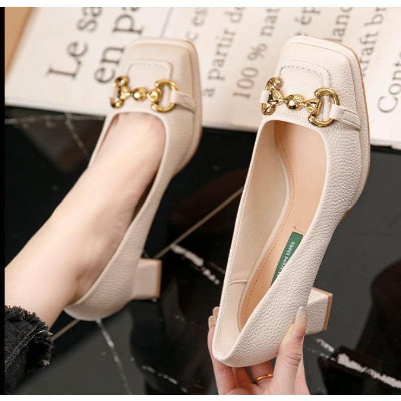 Fashion Women's Mid-heel Pumps 2025 Summer French Style Back Empty Female Thick Heel Square Toe Mary Jane Shoes Black Green Talon Femme