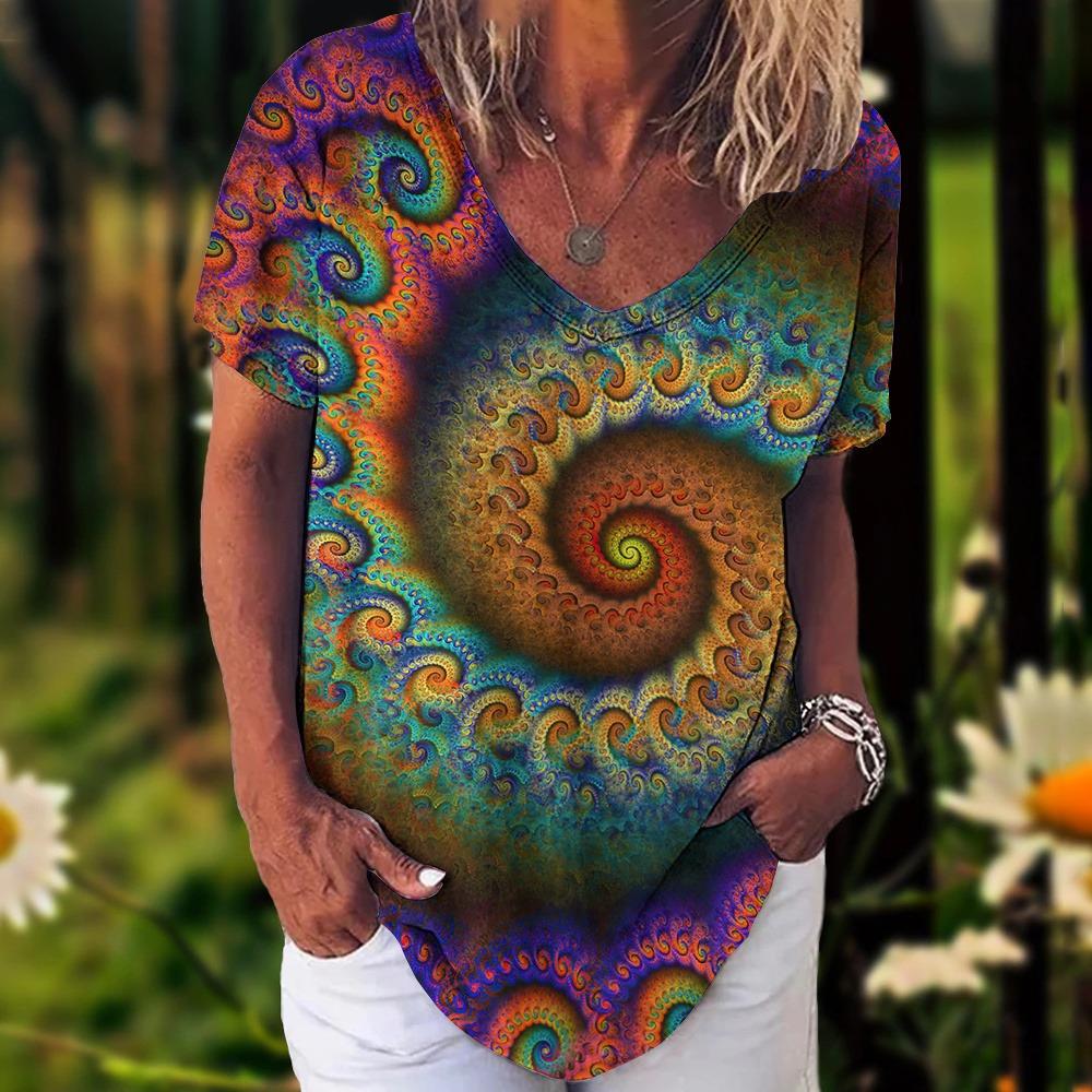Summer Women's T-Shirt Bohemia Ethnic Style Short Sleeve Tees Fashion V-neck Loose Tops Daily