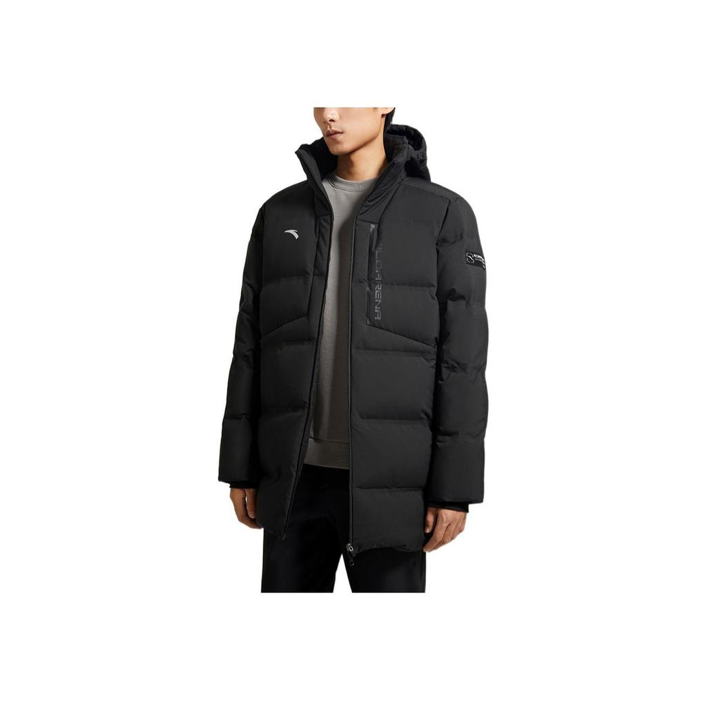 Anta Training Series FW22 Solid Color Printed Logo Zipper Hooded Mid-Length Down Jacket Men Outerwear Black 952247973-3