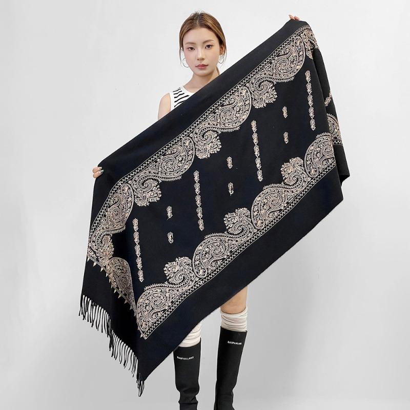 Autumn and winter scarves new versatile embroidered cashew nut scarves women's thickened warm fringed shawls