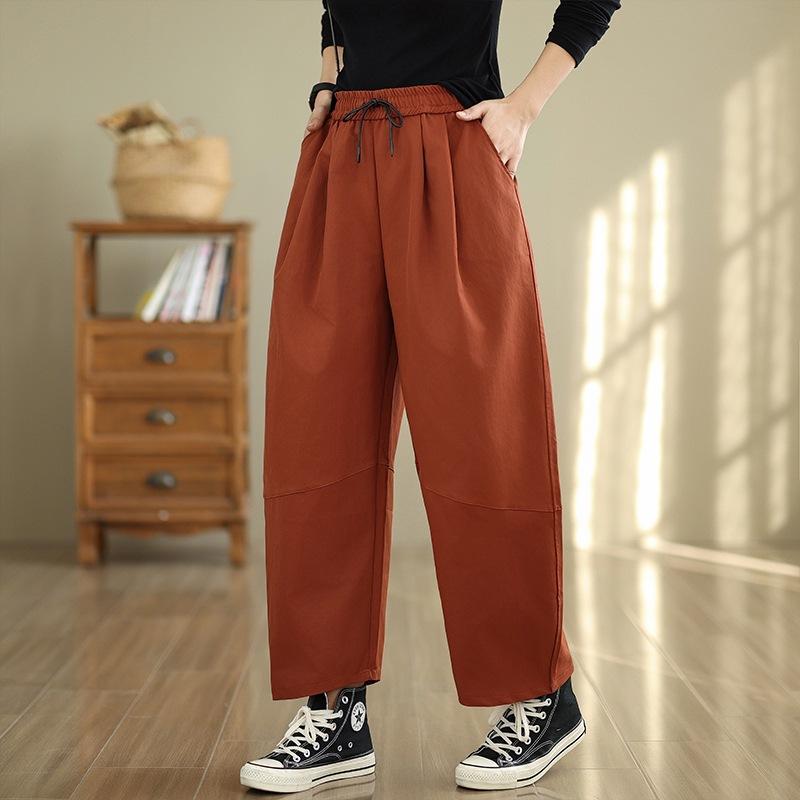 2025 Summer New Korean Version of Temperament Cotton Nine-point Casual Pants Women's Hip Covering and Thin Solid Color Elastic Waist Wide-leg Pants