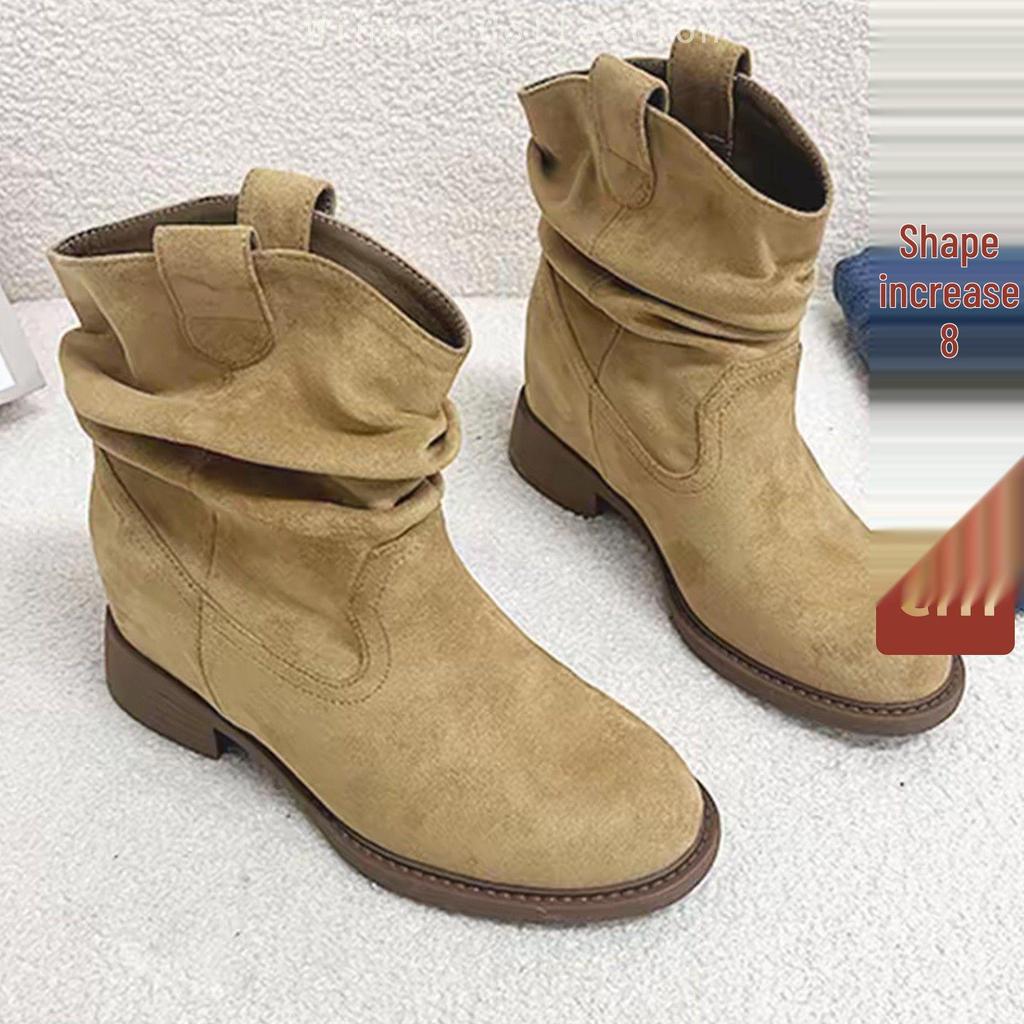 Women's Retro 8cm Height-Boost Mid-Calf Martin Boots - Slim Fit, Pleated Design, Versatile for Autumn/Winter