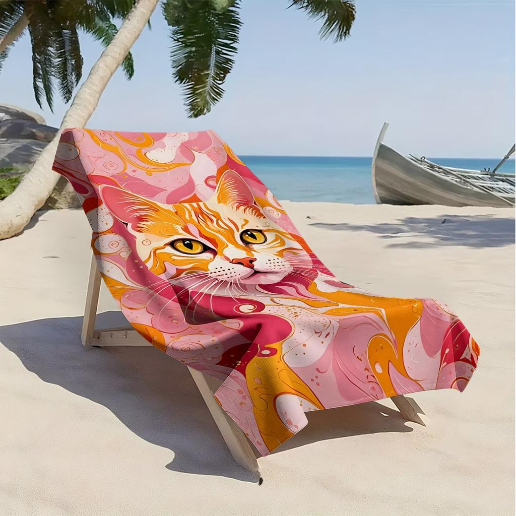 Abstract fluid pattern of a cartoon cat polyester microfiber beach towel highly absorbent, suitable for swimming beach outings