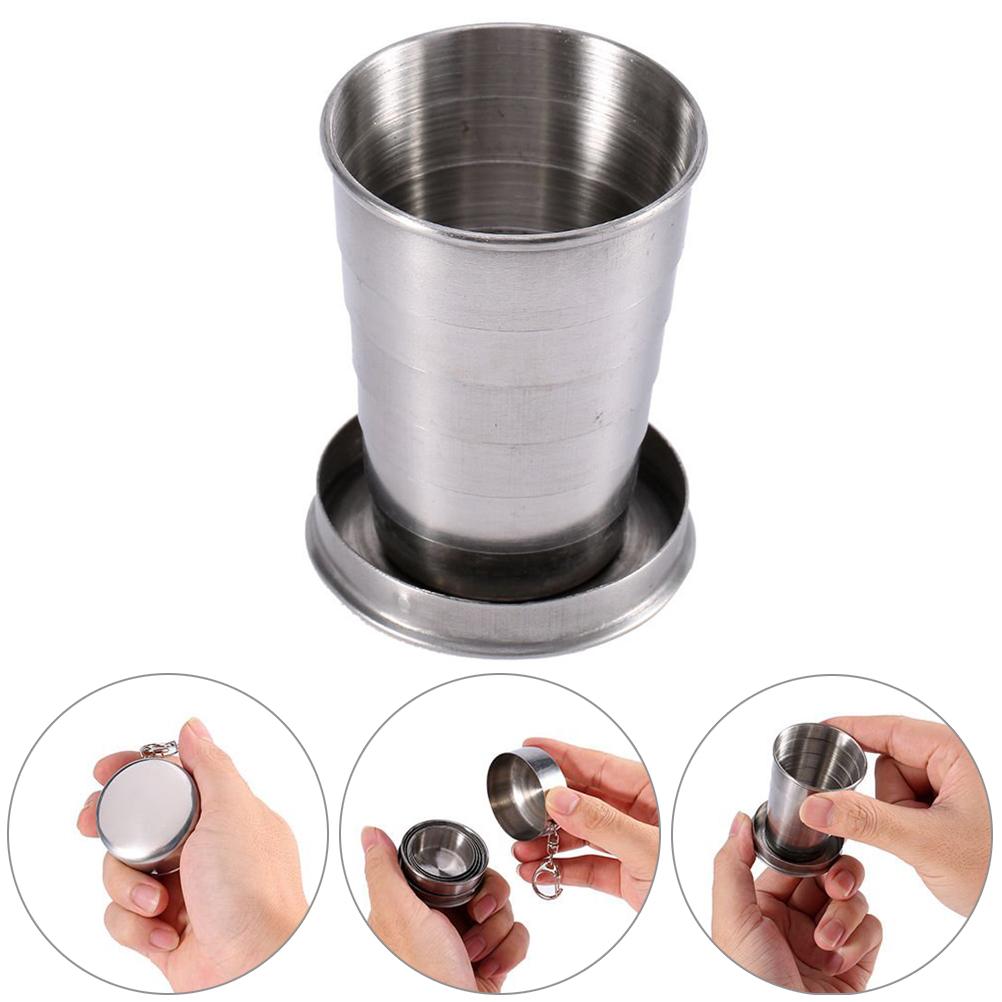 Stainless Steel Folding Cup Camping Mug Portable Outdoor Travel Collapsible Cup with Keychain