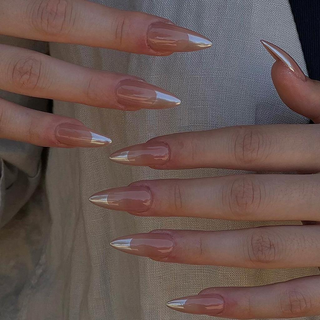 Wine Red Fake Nail Tips Long Pointed Head Glossy Press on Nails Wearable Full Cover INS Gradient Color False Nail Tips 24pcs
