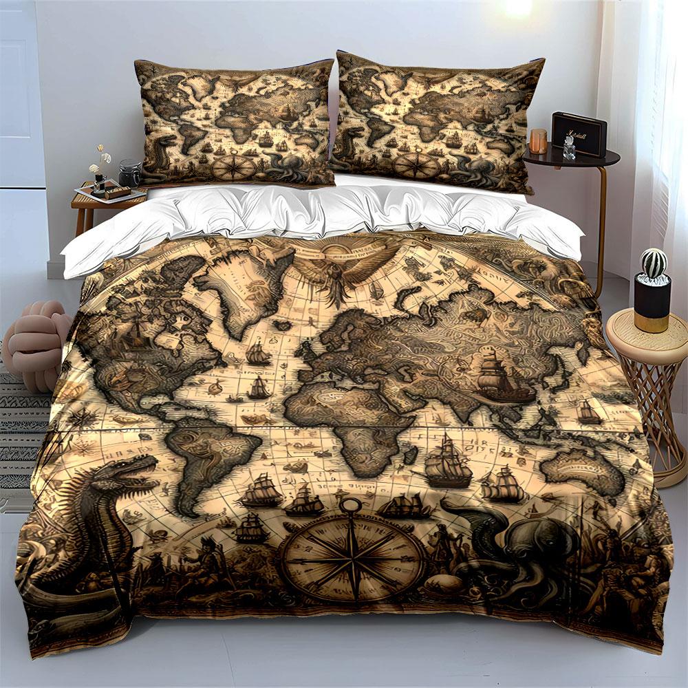 Vintage Nautical World Map Bedding Duvet Cover Set Duvet Cover Pillowcases  (1*Duvet Cover 2*Pillowcases, Without Duvet Insert)