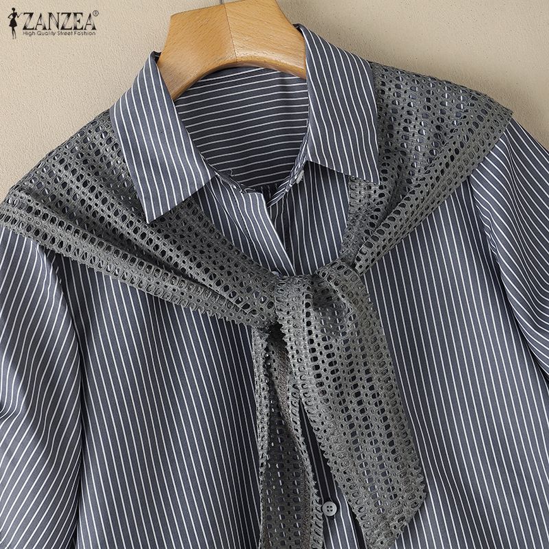 ZANZEA Blusa Casual de Mujer con Cuello Vuelto, Manga Corta Suelta a Rayas