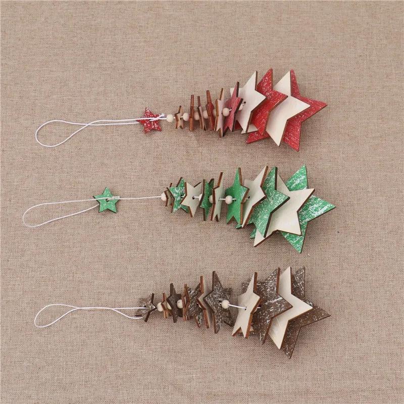 Christmas Wooden Bell Pendant, Creative Five Pointed Star Snowflake Christmas Tree Three-dimensional Small Hanging Decoration