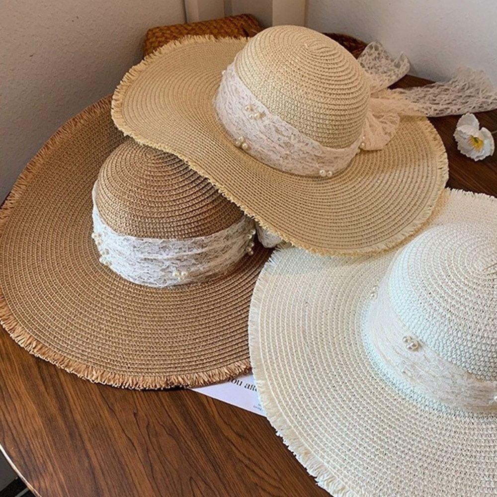 Casual Woven Straw Hat Large Brim Sun Shading Sun Hat Lace Bow Summer Hat Women Sun Shading Beach Hat Straw Hat