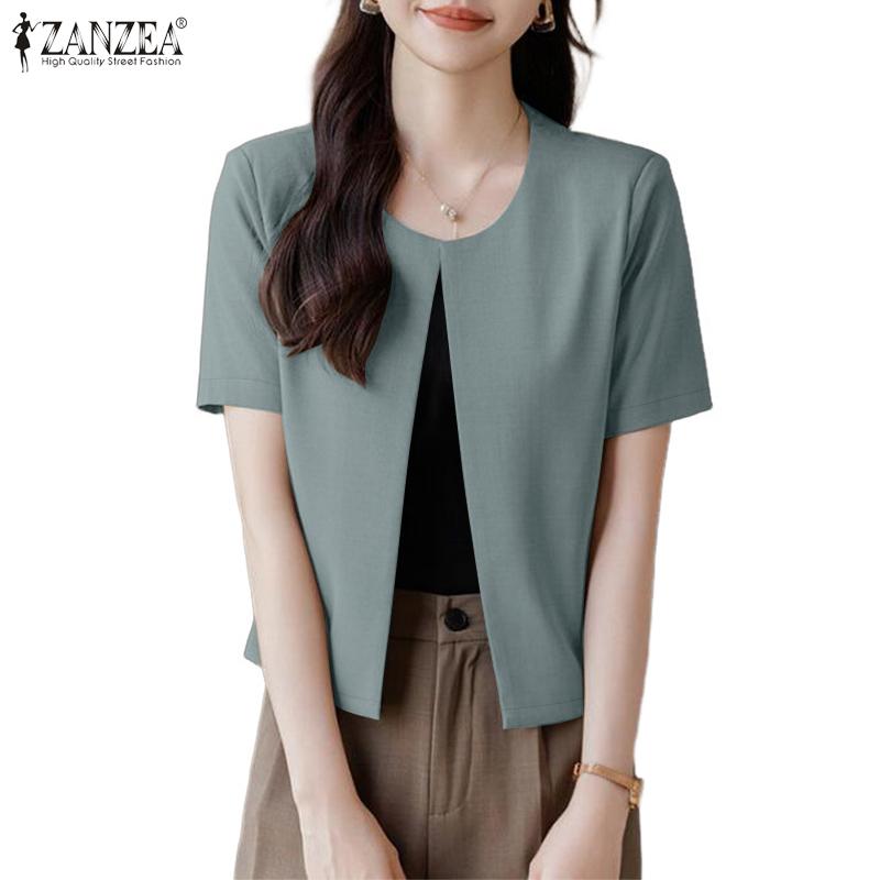 ZANZEA Women Casual Round Neck Short Sleeve Thin Cardigan Tops