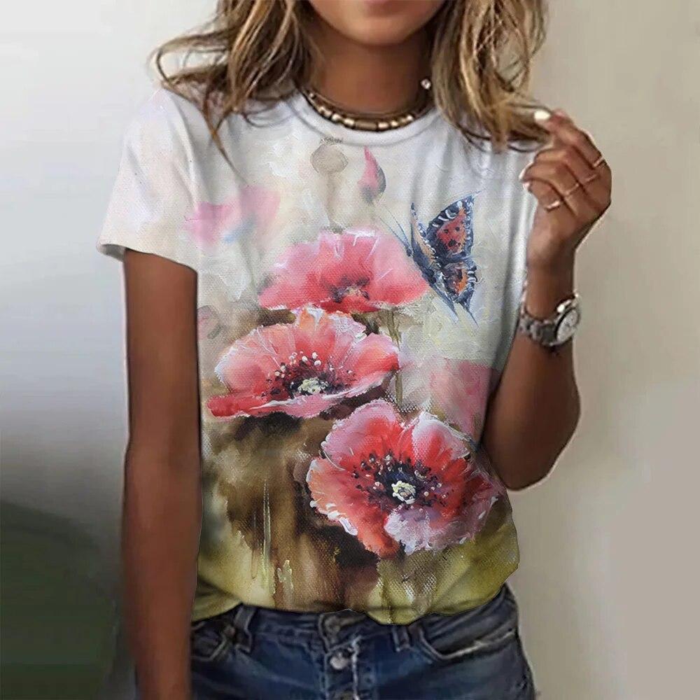 2023 Women's T-Shirts Fashion Floral Theme T Shirt Floral Plants Tees Summer Short Sleeve Top Basic Oversized Female Clothing