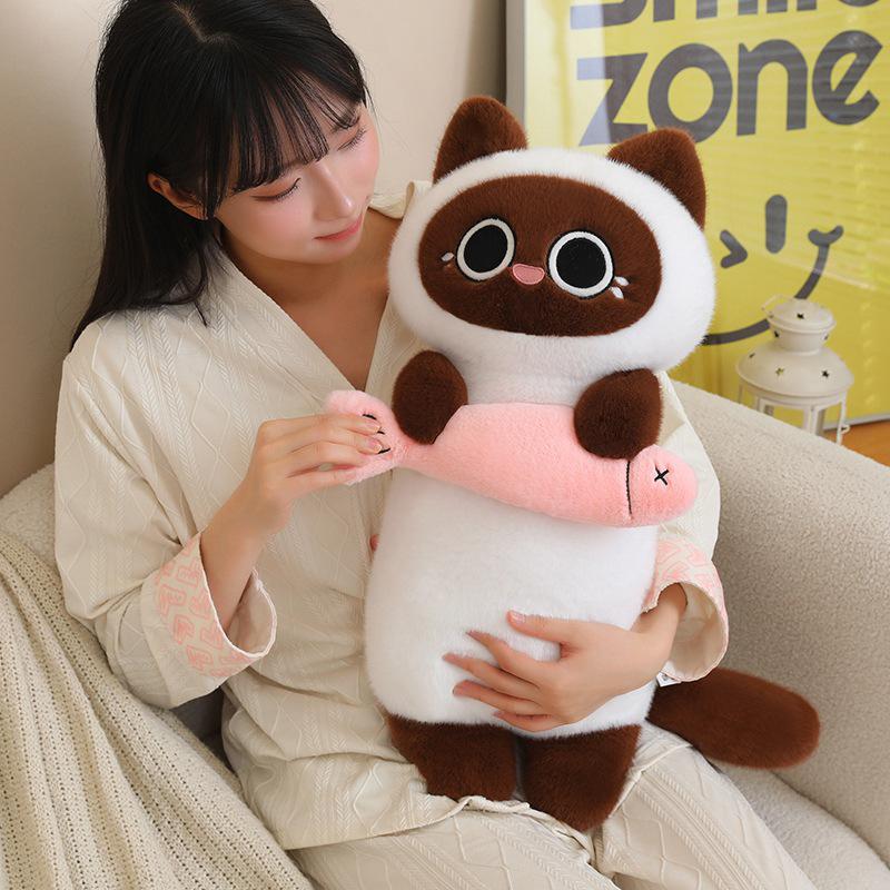 Siamese Cat Plush Fish-Catching Doll Pillow – Perfect Birthday Gift for Kids and Cat Lovers.
