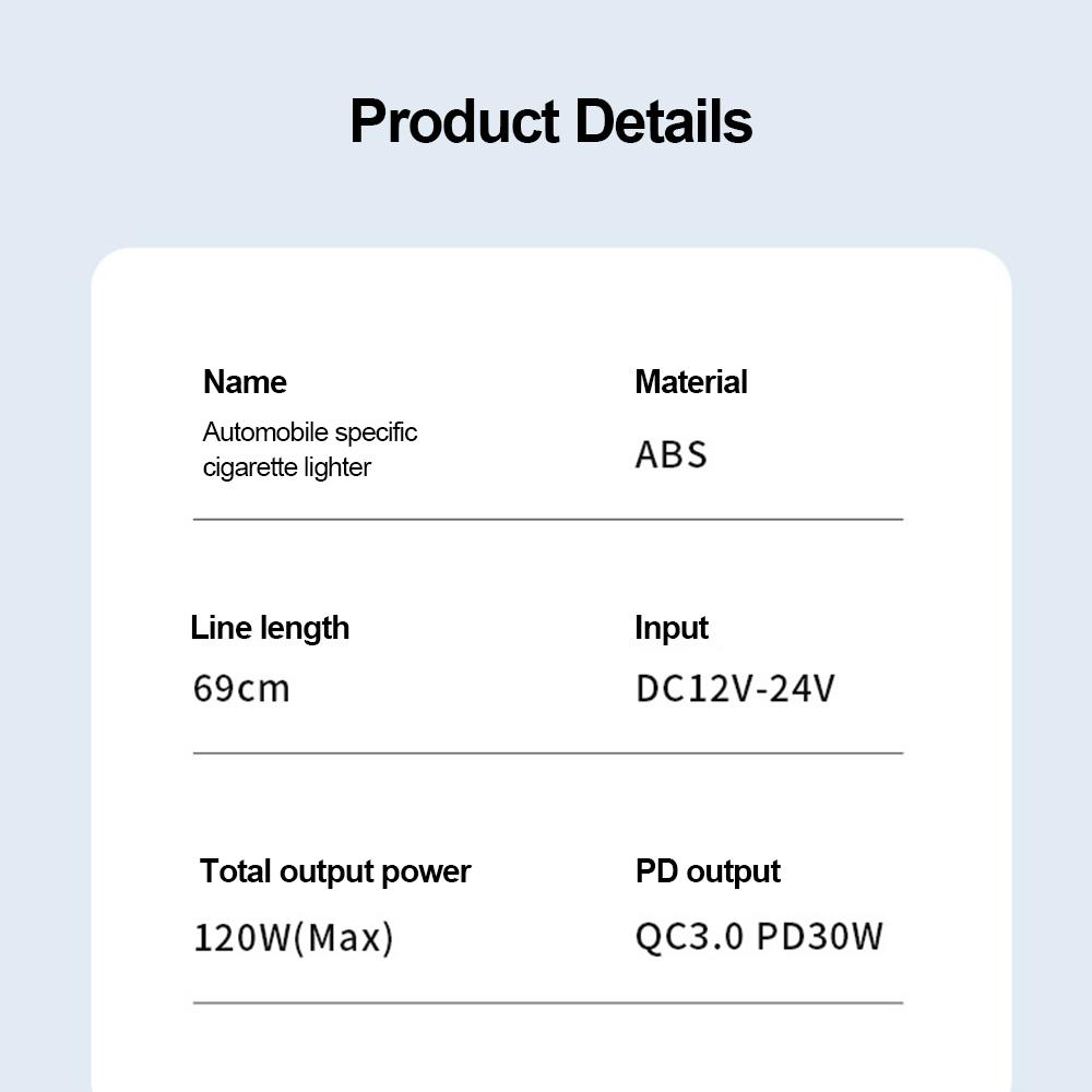 120W USB Car Charger with Retractable Cable QC3.0+PD30W Quick Charging Power Adapter USB Phone Charger 12V 24V Car Cigarette Lighter Splitter