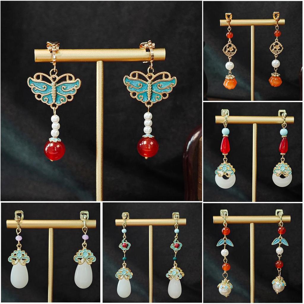 Retro Chinese Beaded Tassel Pearl Earrings for Women - Ethnic Hanfu Water Drop Ear Clips (No Piercing Required)