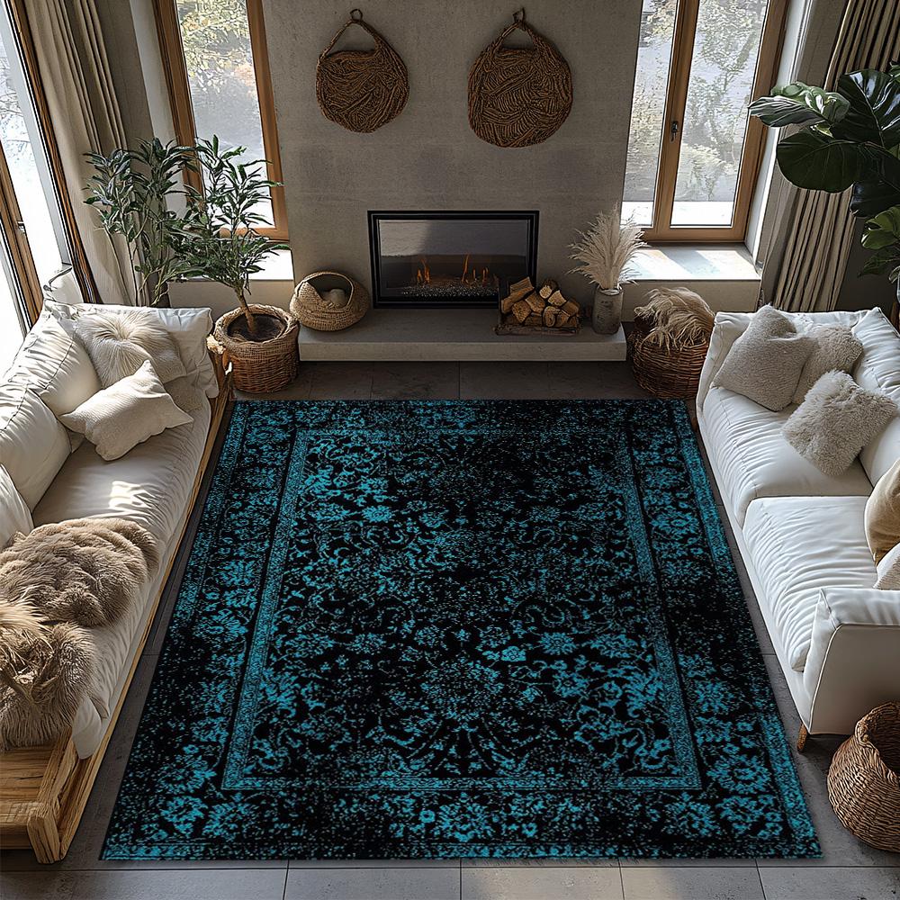 Navy Blue Geometric Bohemian Rug, Modern Pattern Non-Slip Carpet, Cozy Living Room Mat for Scandinavian Decor
