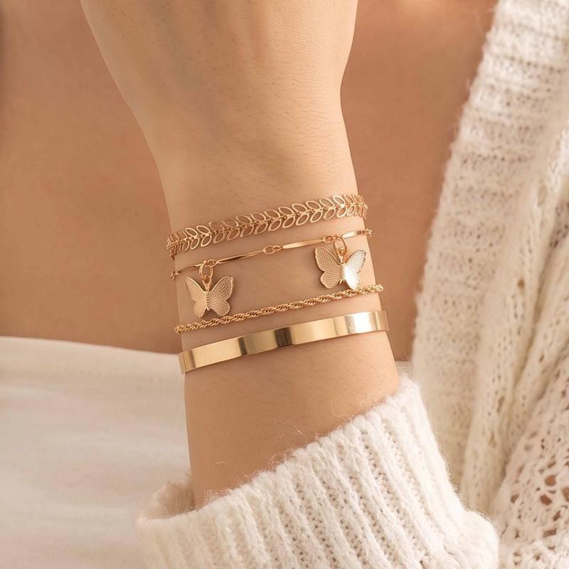 European 4-Layer Stackable Butterfly Bracelet Set: Trendy Retro Hand Jewelry for Women
