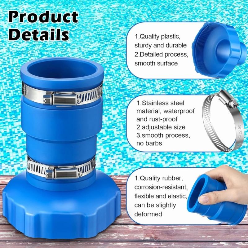 Universal Swimming Pool Hose Connector 2 Rubber Adapters 4 Stainless Clamps Secure Pool Maintenance Tool