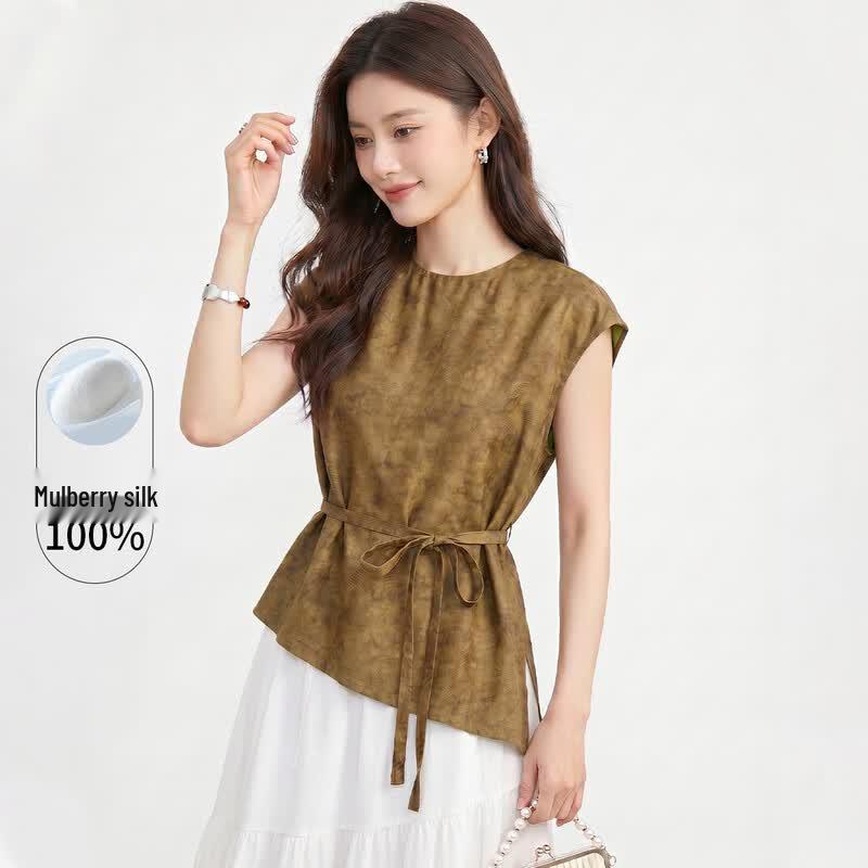 Golden Chrysanthemum Printed Mulberry Silk Sleeveless Top L