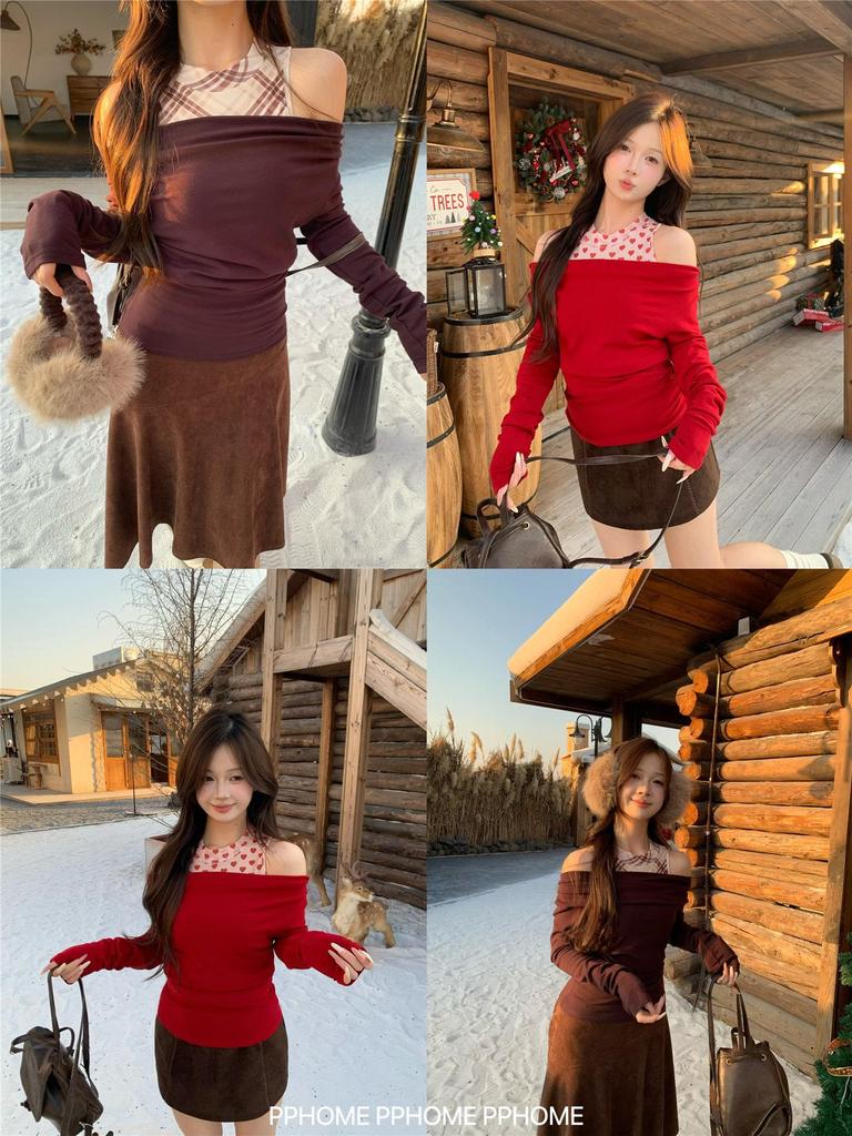 New Year Red Sexy Slim-Fit Off-the-Shoulder Long-Sleeve Women's T-shirt Set