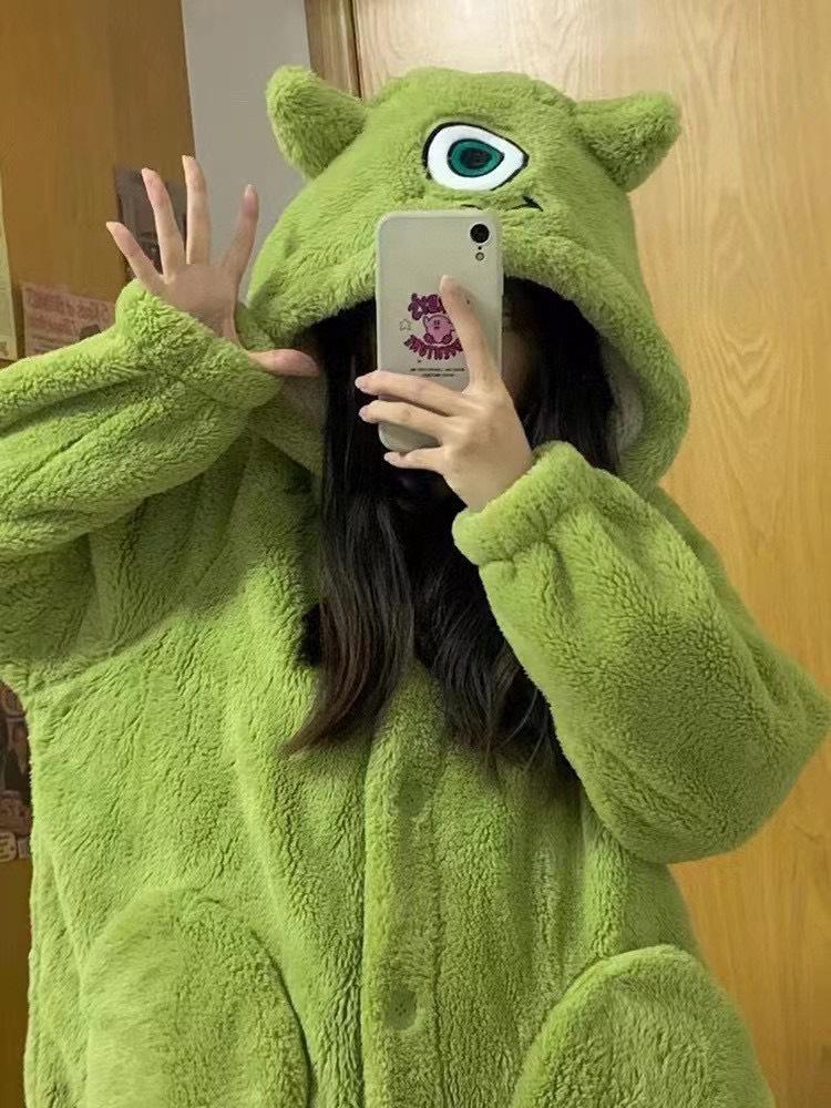 Women's Coral Fleece Hooded Pajama Set - Cute Cartoon Nightgown for Autumn/Winter