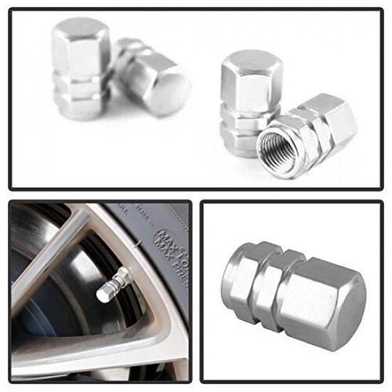 (4) Tuner Racing Style Silver Anodized Aluminum Tire Valve Caps (Hexagon Shape)
