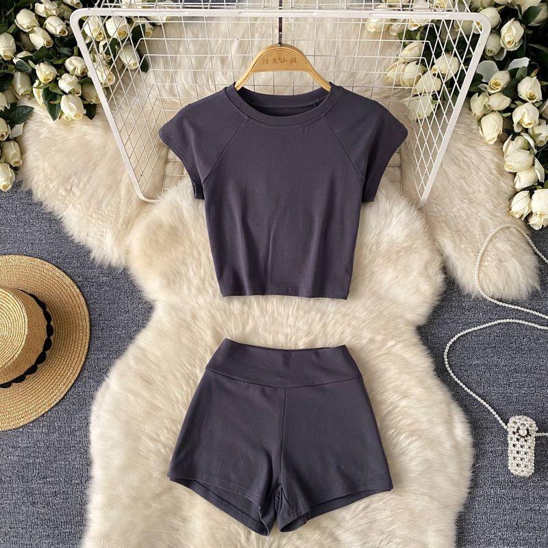 Minimalist Style Athleisure Pure Color Pure Desire Sexy Suit Women's Summer O-neck Short T-shirt + High Waist Figure Flattering Shorts