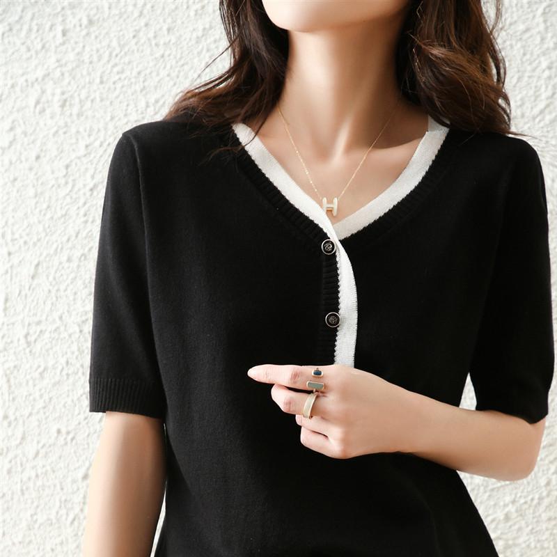 

V-neck Splicing Short-sleeved Knitted Sweater Women s Summer Fashion Loose and Thin Versatile Bottoming T-shirt Top XL чорний