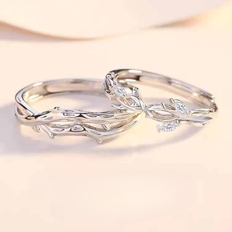 New Exquisite 925 Sterling Silver Inlaid Tiny Zircon Tree-branch Couple Rings for Women Man Wedding Jewelry Valentine's Day Gift