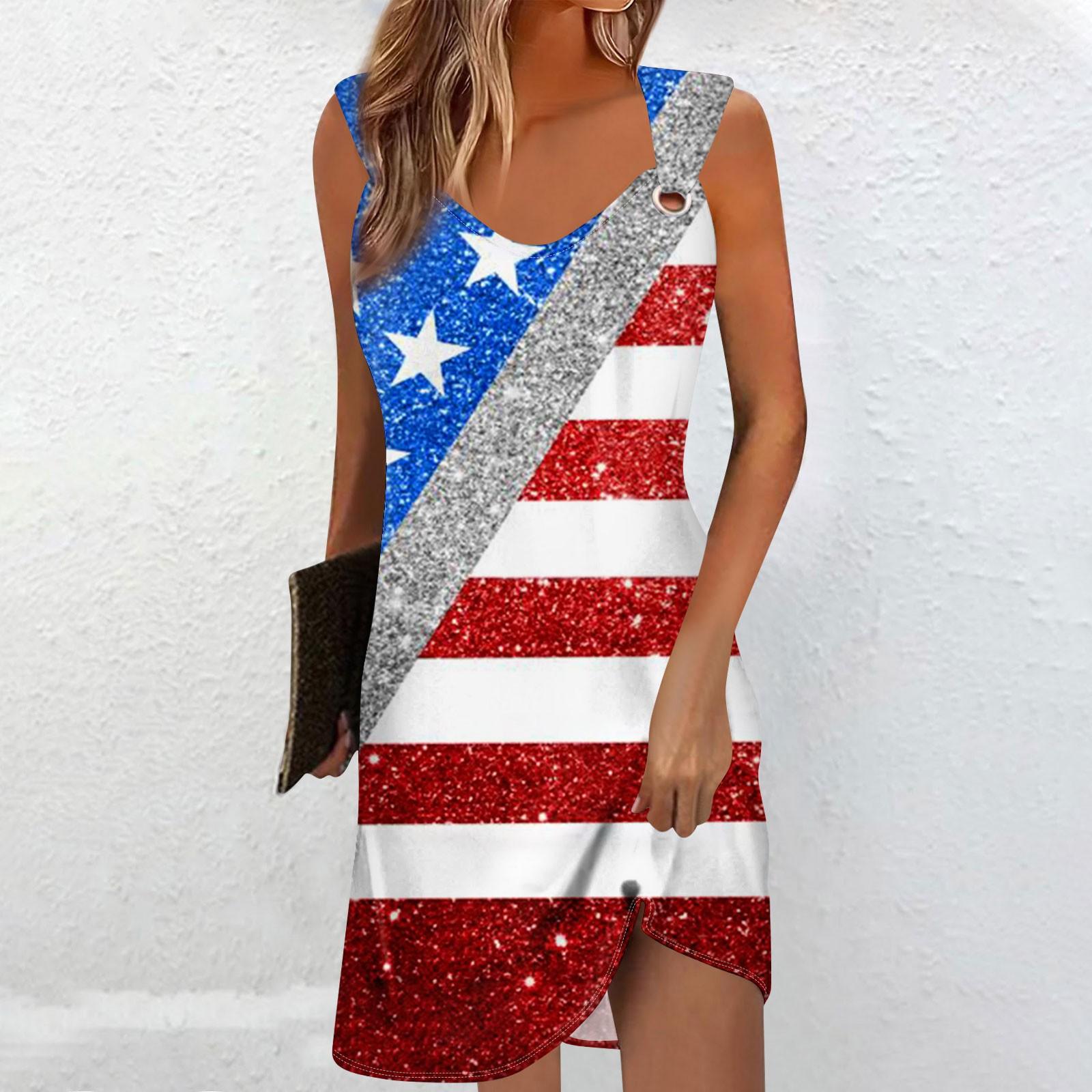 

Женские летние повседневные свободные пляжные платья без рукавов с принтом на День независимости и круглым вырезом M