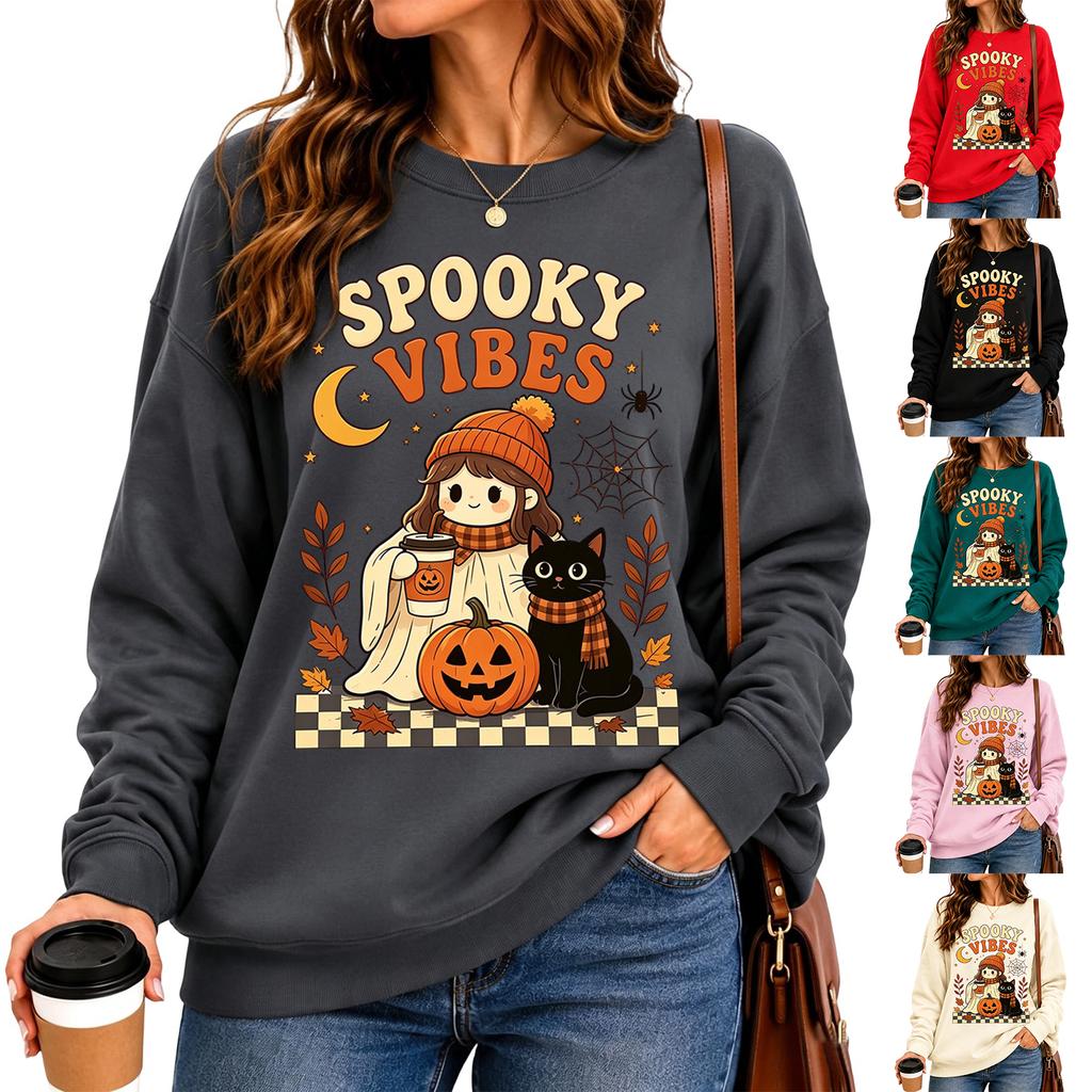 Women's Fashion Casual Long Sleeve Halloween Print Round Neck Top for Party Wear