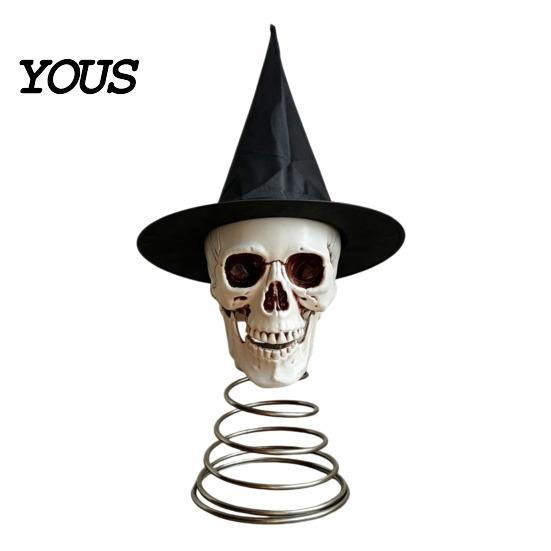 Black Pointed Hat Skull Halloween Witch Tree Topper, Gothic Skeleton Figurine for Dark Aesthetic Topper Party Decor, Spooky Festive Home Ornament,