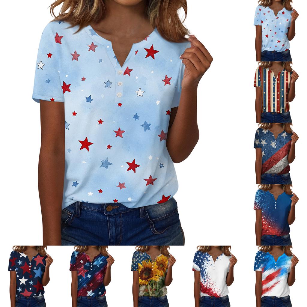Women's T Shirt Independence Day Print Button Short Sleeve Daily Weekend Fashion Basic V- Neck Regular Top