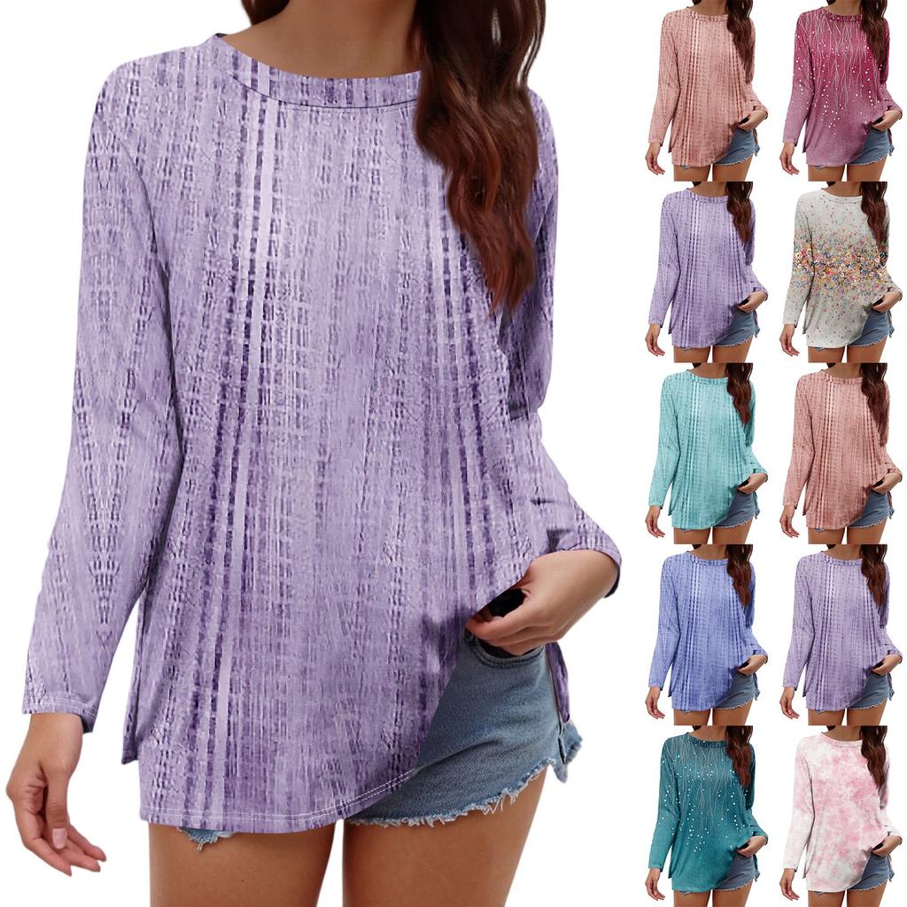Women's Fashion Casual Slit Hem Round Neck Long Sleeve Loose  Printed T-Shirt Ladies Top