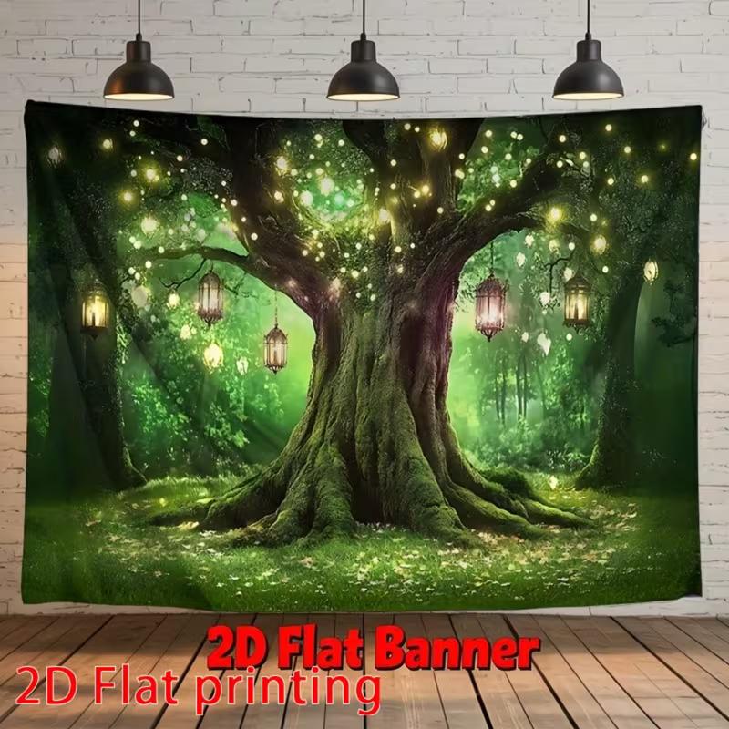 2D Verzauberter Waldbaum Kulisse Magische Laterne Glühwürmchen Hintergrund