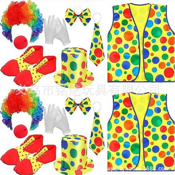 Colorful Clown Polka Dot Costume Set with Nose, Hat, Wig, Bow Tie, and Magic Props.