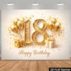 2D plane 18th birthday party banner background with golden sequin texture and digital 18 theme.PMJ