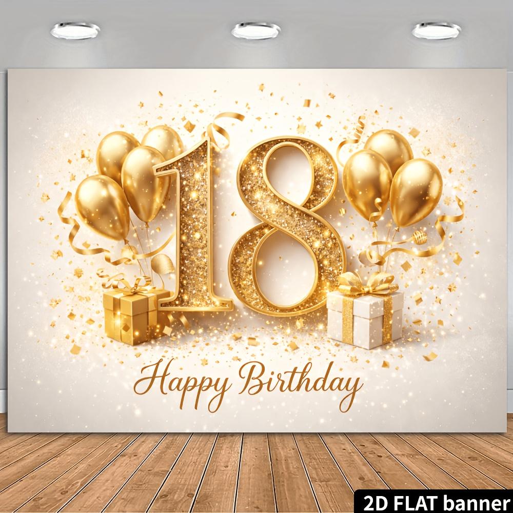 2D plane 18th birthday party banner background with golden sequin texture and digital 18 theme.PMJ
