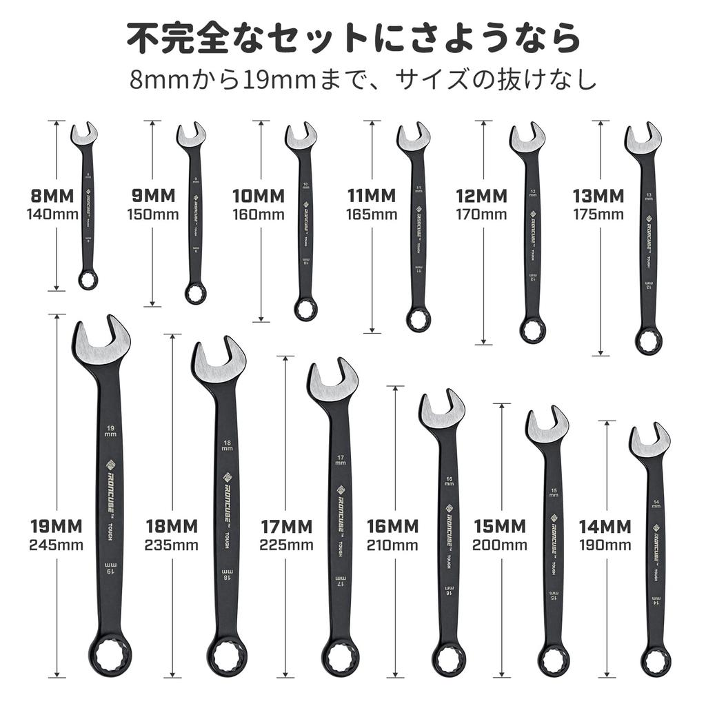 IRONCUBE 12-Piece Combination Wrench Set, 8-19mm, CR-V Material, Tough Black, with Waxed Canvas Storage Bag, for Motorcycle Maintenance