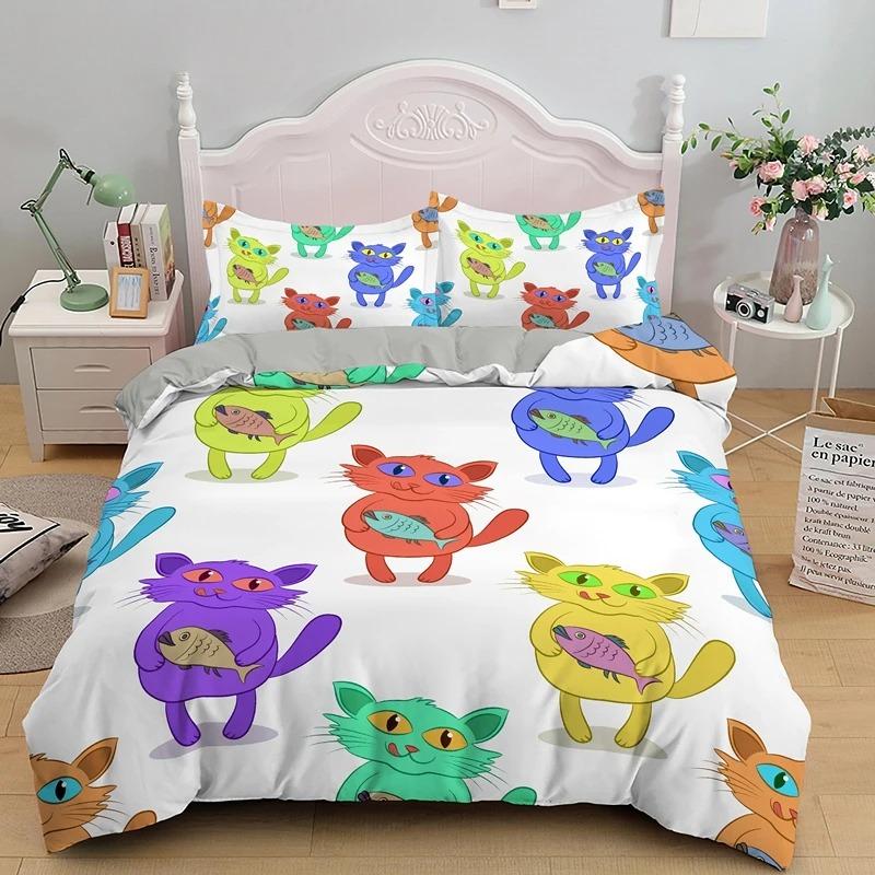 3D Kids Cats Bedding Set Twin Size Green Cartoon Cats For Boys Girls Animal Theme Cute Kitten Pattern 2 3pcs