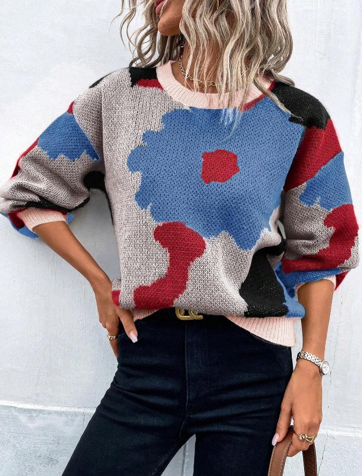 Women's Floral Knit Sweater, Loose Fit Oversized Pullover with Pink Green Blue Flower Pattern, Casual Long Sleeve Tops
