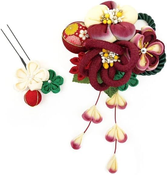 hair accessory set for furisode and ceremony crepe 2-piece coming-of-age kk-032 Tsumami-zaiku (burgundy)