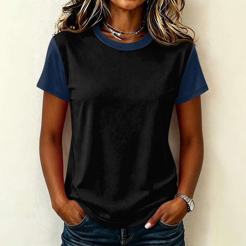 Women’s Casual Crew Neck Short Sleeve Pullover T Shirt Stitching Loose Fit Basic Top for Daily Wear