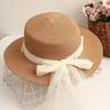Beach Straw Hat Flat Top Wide Brim Sun Protection Hat with Tulle Bow Imitation Pearls Decor Hand-Woven Breathable Summer Hat