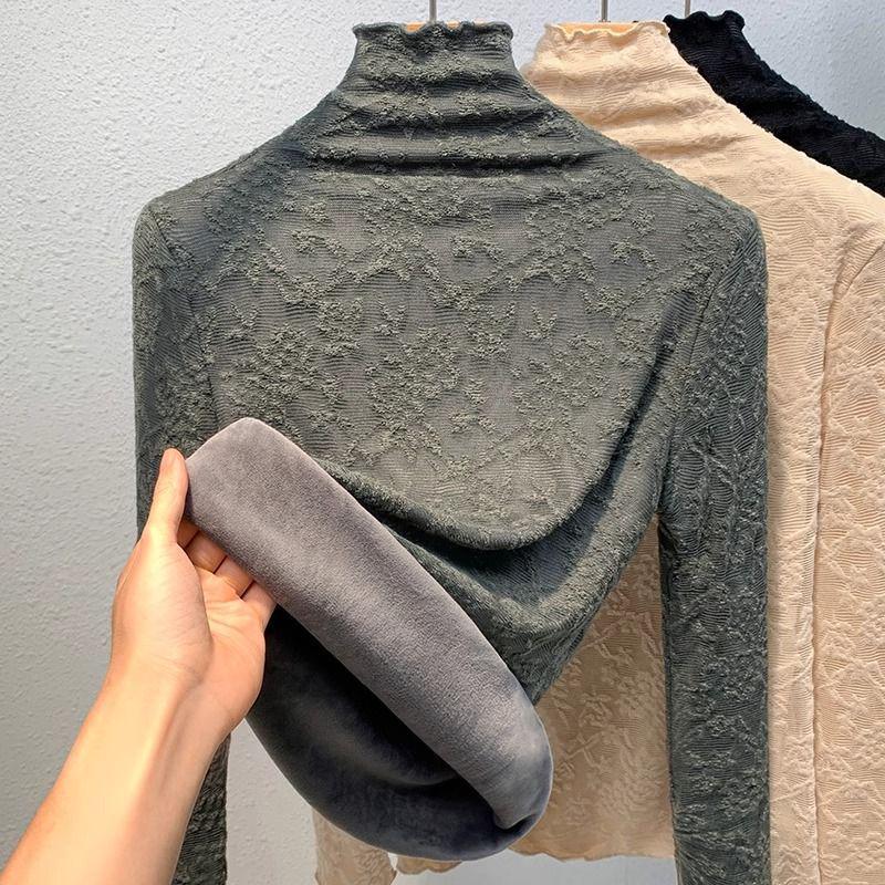 Women's Plus Size Velvet Lace Bottoming Shirt - Warm Half High Collar Mesh Top for Autumn/Winter 2024